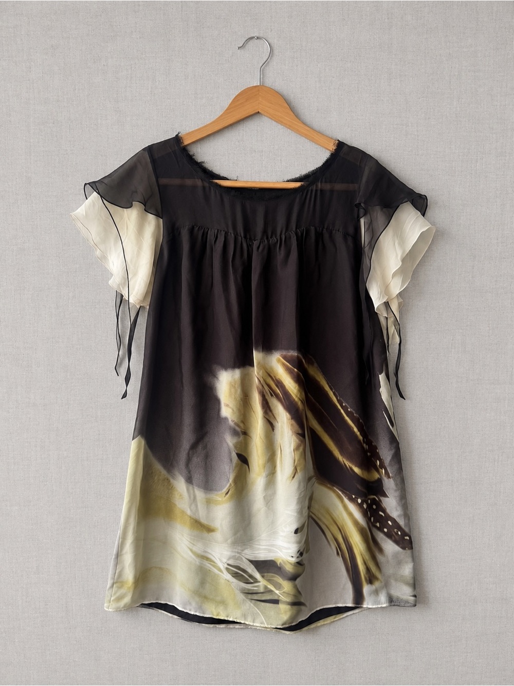 Zara Silk Black and Cream Printed Flutter Sleeve Tunic